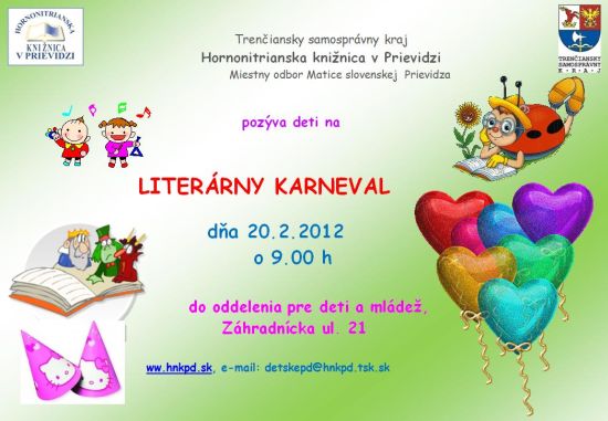 Pozvánka do Hornonitrianskej knižnice v Prievidzi na literárny karneval, 20. 2. 2012 o 9.00 hod.