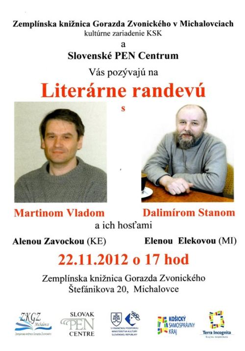 Pozvánka do Zemplínskej knižnice Gorazda Zvonického v Michalovciach na stretnutie s literárnymi hosťami, 22. 11. 2012 o 17.00 hod. 