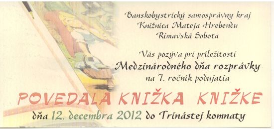 Pozvánka do  Knižnice Mateja Hrebendu v Rimavskej Sobote na tradičné decembrové podujatie, 12. 12. 2012 
