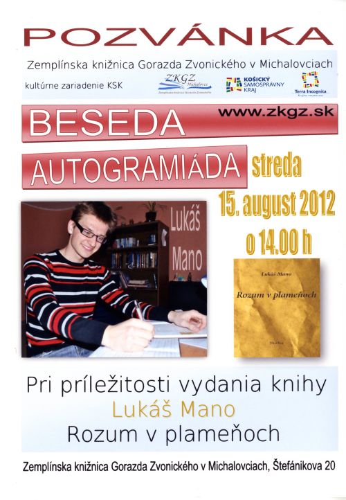 Pozvánka do Zemplínskej knižnice Gorazda Zvonického v Michalovciach na besedu, 15. 8. 2012 o 14.00 hod.