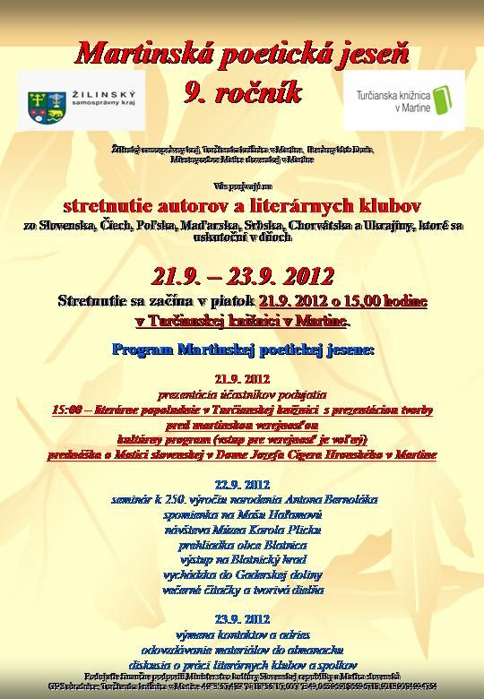 Pozvánka do Turčianskej knižnice v Martine na stretnutie autorov a literárnych klubov, 21. – 23. 9. 2012 o 15.00 hod.