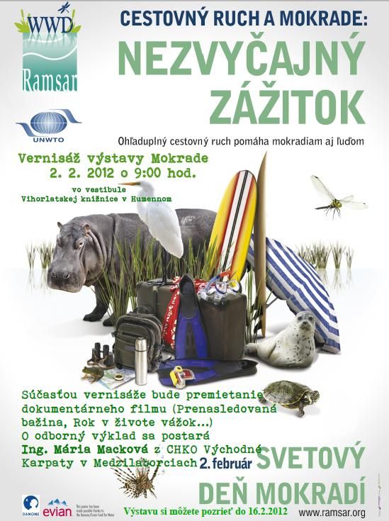 Pozvánka do Vihorlatskej knižnice v Humennom na vernisáž výstavy Mokrade, 2. 2. 2012 o 9. hod. Výstava potrvá do 16. 2. 2012.