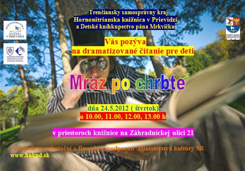 Pozvánka do Hornonitrianskej knižnice v Prievidzi na dramatizované čítanie, 24. 5. 2012 o 10.00, 11.00, 12.00 a 13.00 hod.