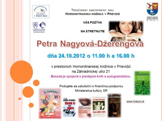 Pozvánka do Hornonitrianskej knižnice v Prievidzi na besedu so spisovateľkou, 24. 10. 2012 o 11.00 a 16.00 hod. 