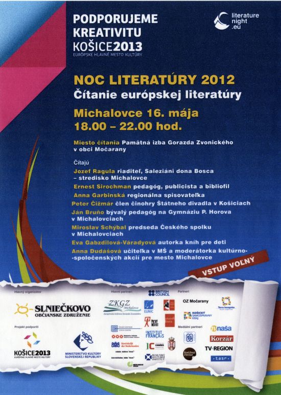 Pozvánka na čítanie európskej literatúry, 16. 5. 2012 oo 18.00 do 22.00 hod.