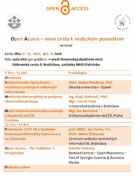 Pozvánka do Slovenskej akadémie vied na seminár, 27. 11. 2012 o 9.30 hod. Registrácia do 20. 11. 2012.