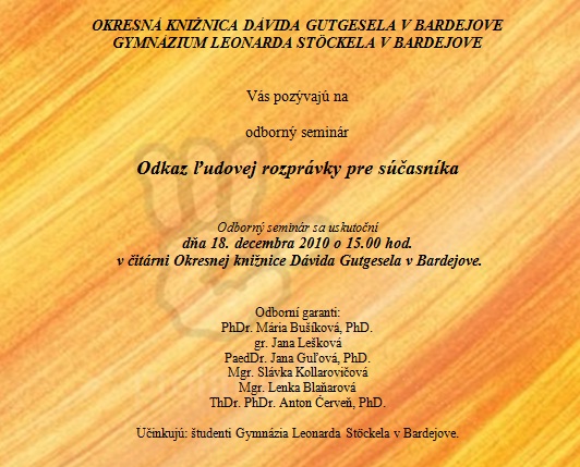 Pozvánka do Okresnej knižnice Dávida Gutgesela v Bardejove na odborný seminár, 18. 12. 2012 o 15.00 hod. 