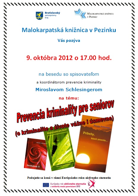 Pozvánka do Malokarpatskej knižnice v Pezinku na stretnutie so spisovateľom, 9. 10. 2012 o 17.00 hod. 