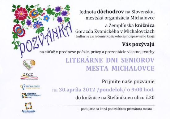 Pozvánka do Zemplínskej knižnice Gorazda Zvonického v Michalovciach na súťaž v prednese poézie a prózy, 30. 4. 2012 o 9.00 hod.