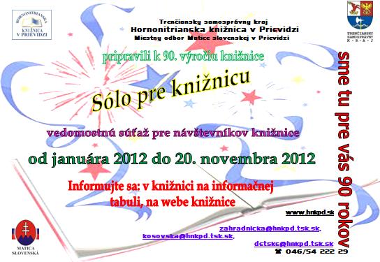Pozvánka do Hornonitrianskej knižnice na vedomostnú súťaž pre návštevníkov knižnice, od januára  2012 do 20. novembra 2012