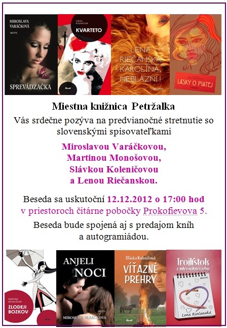 Pozvánka do Miestnej knižnice Petržalka na stretnutie so slovenskými spisovateľkami, 12. 12. 2012 o 17.00 hod.