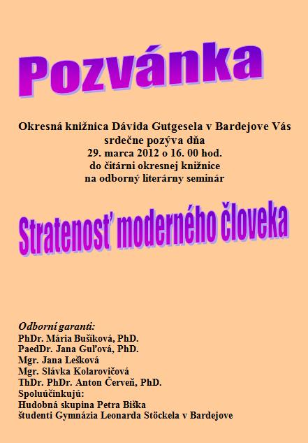 Pozvánka do Okresnej knižnice Dávida Gutgesela na odborný literárny seminár, 29. 3. 2012 o 16.00 hod.