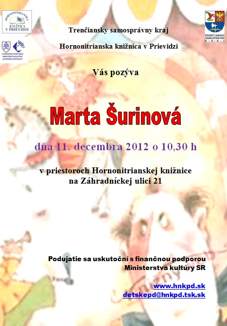 Pozvánka do Hornonitrianskej knižnice v Prievidzi na stretnutie s Martou Šurinovou, 11. 12. 2012 o 10.30 hod.