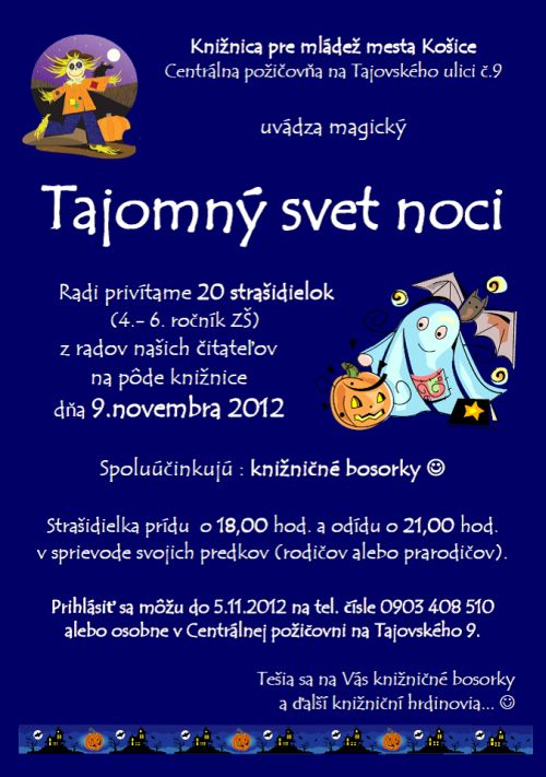 Pozvánka do Knižnice pre mládež mesta Košice na magický večer v knižnici, 9. 11. 2012 