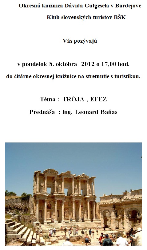Pozvánka do Okresnej knižnice Dávida Gtgesela v Bardejove na stretnutie s turistikou, 8. 10. 2012 o 17.00 hod.