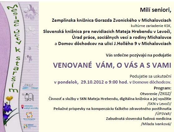 Pozvánka pre seniorov, 29. 10. 2012 o 9.00 hod. 