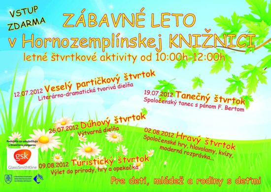 Pozvánka do Hornozemplínskej knižnice vo Vranove nad Topľou na letné štvrtkové aktivity počas prázdnin.