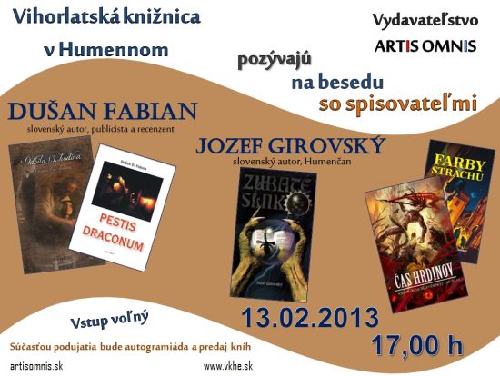 Pozvánka do Vihorlatskej knižnice v Humennom na besedu so slovenskými autormi, 13. 2. 2013 o 17.00 hod.