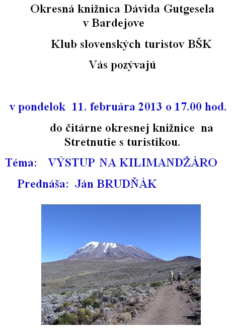 Pozvánka do Okresnej knižnice Dávida Gutgesela v Bardejove na stretnutie s turistikou, 11. 2. 2013 o 17.00 hod. 