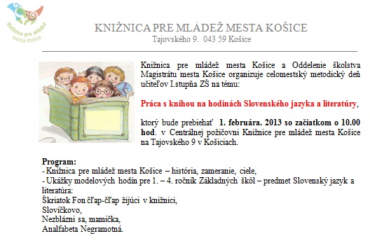Pozvánka do Knižnice pre mládež mesta Košice na metodický deň učiteľov, 1. 2. 2013 o 10.00 hod.