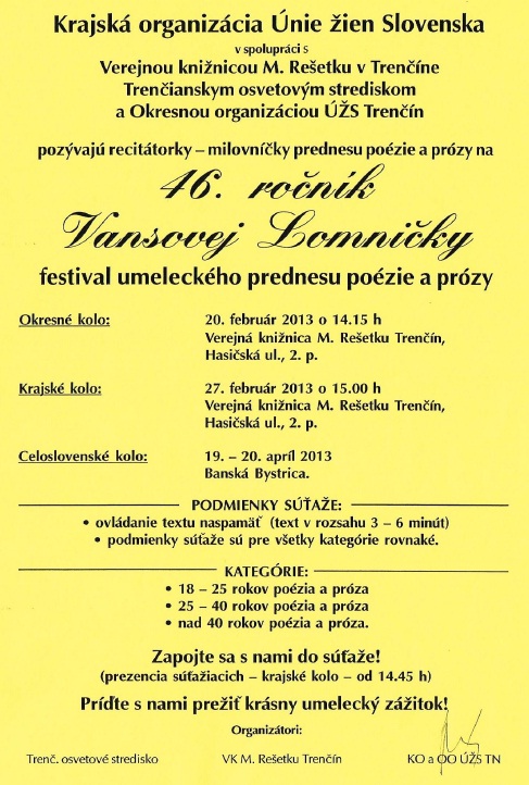 Verejná knižnica Michala Rešetku pozýva na festival prednesu poézie a prózy, 20. 2. 2013 o 14.15 hod.