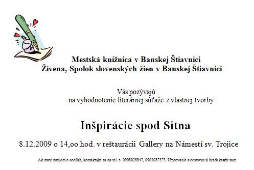 Pozvánka do Mestskej knižnice v Banskej Štiavnici na vyhodnotenie literárnej súťaže, 8. 12. 2009 o 14.00 hod.