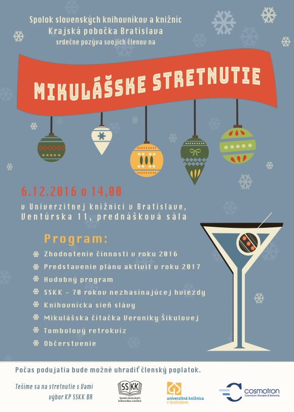 Pozvánka na predvianočné stretnutie členov Krajskej pobočky SSKK BA, 6. 12. 2016 v Univerzitnej knižnici v Bratislave
