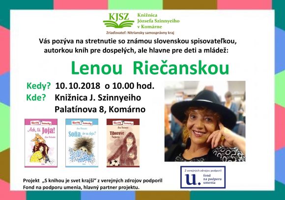 Knižnica Józsefa Szinnyeiho v Komárne pozýva na stretnutie so známou slovenskou spisovateľkou 10. 10. 2018