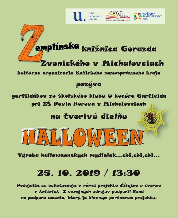 Pozvánka na tvorivé  halloweenske dielne  v Zemplínskej knižnici Gorazda Zvonického v Michalovciach, 25. 11. 2019 / 13:30