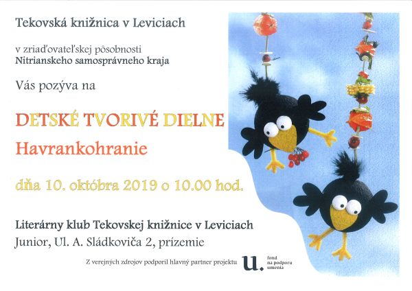 Detské tvorivé dielne pre deti - dňa 10. októbra 2019 o 10.00 hod. v Literárnom klube Tekovskej knižnice v Leviciach, Junior, Ul. A. Sládkoviča 2, prízemie. Detské tvorivé dielne pre deti - dňa 10. októbra 2019 o 10.00 hod. v Literárnom klube Tekovskej knižnice v Leviciach, Junior, Ul. A. Sládkoviča 2, prízemie.